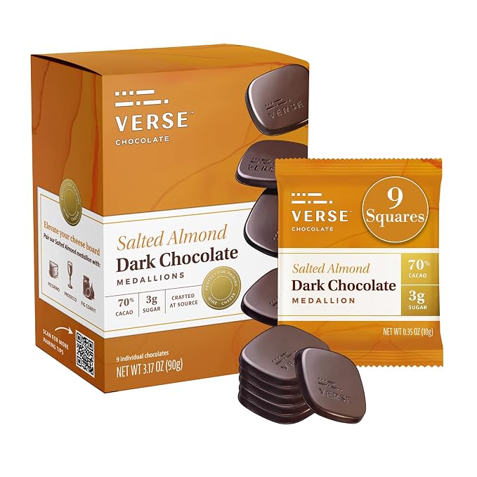 Verse 70% Dark Chocolate with Almonds - Only 3g Cane Sugar - Crunchy Salted Almond - Individually Wrapped Dark Cocoa Bar Chocolates (9 Count, 1 Pack)