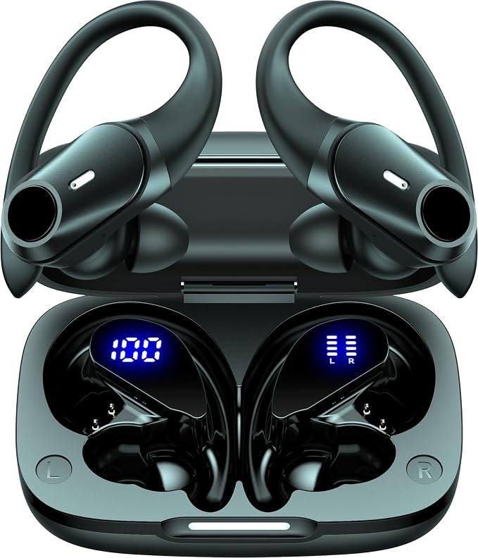 Active Noise Cancelling Ear Buds Wireless Earbuds 80H Playtime Bluetooth Headphones with LED Display Case, Hi-Res Audio Clear Calls Earphones with Over Ear Hooks for Running Gym Workout Travel Black
