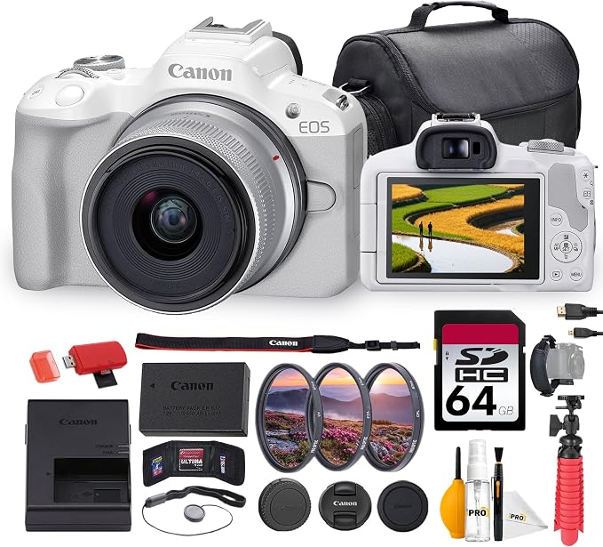 Canon EOS R50 Mirrorless Camera with 18-45mm Lens Bundle | 24.2MP APS-C Sensor, Dual Pixel CMOS AF II & 4K Video | Great for Beginners & Everyday Photography (5812C012) + 64GB Card + Bag + More