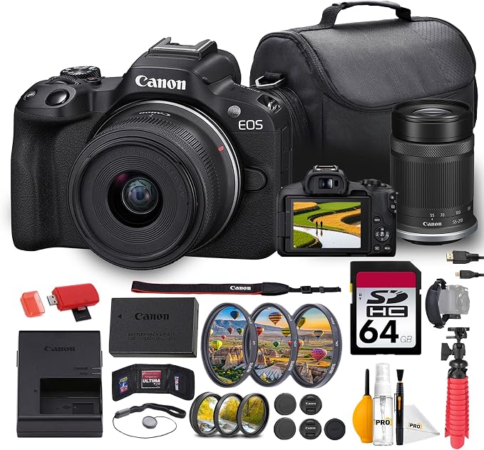 Canon EOS R50 Mirrorless Camera with 18-45mm & 55-210mm Lenses Bundle | 24.2MP APS-C Sensor, Dual Pixel CMOS AF II & 4K Video | Great for Beginners & Travel (5811C022) + 64GB Card + Bag + More