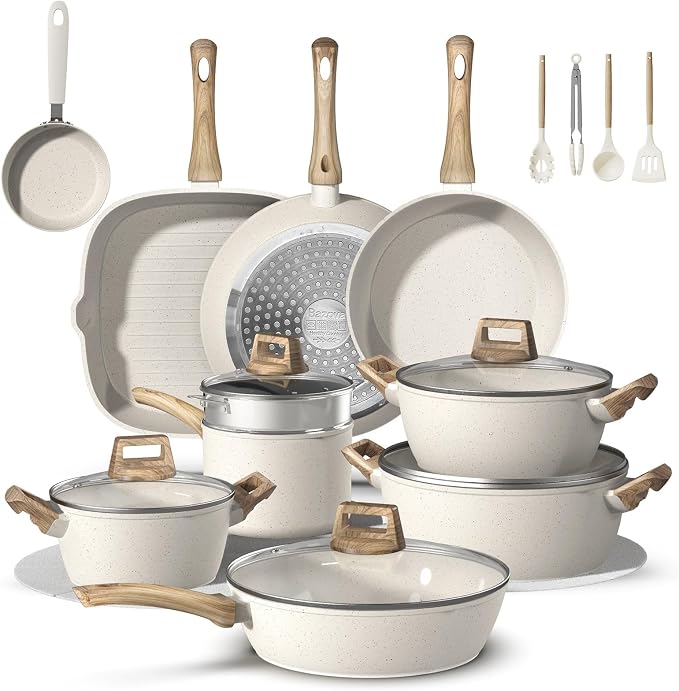 Bazova 25Pcs Pots and Pans Set Non Stick, Titanium-Reinforced Ceramic Cookware Set Non Stick, Non Toxic PFAS-Free Induction Ready, Long-Lasting Performance, Full Kitchen Set with 3 Casseroles