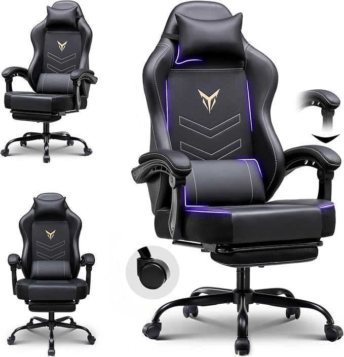 GTPLAYER Gaming Chair with Footrest, Ergonomic Office Chair 300lbs Capacity, Computer Desk Chair with Headrest and Lumbar Support, Linkage Armrests, 90-155° Recline, PU Leather Black